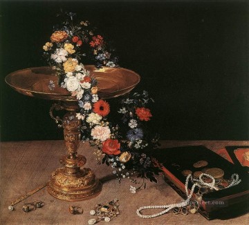  Olde Pintura al %C3%B3leo - Naturaleza muerta con guirnalda de flores y taza dorada de Jan Brueghel el Viejo floral